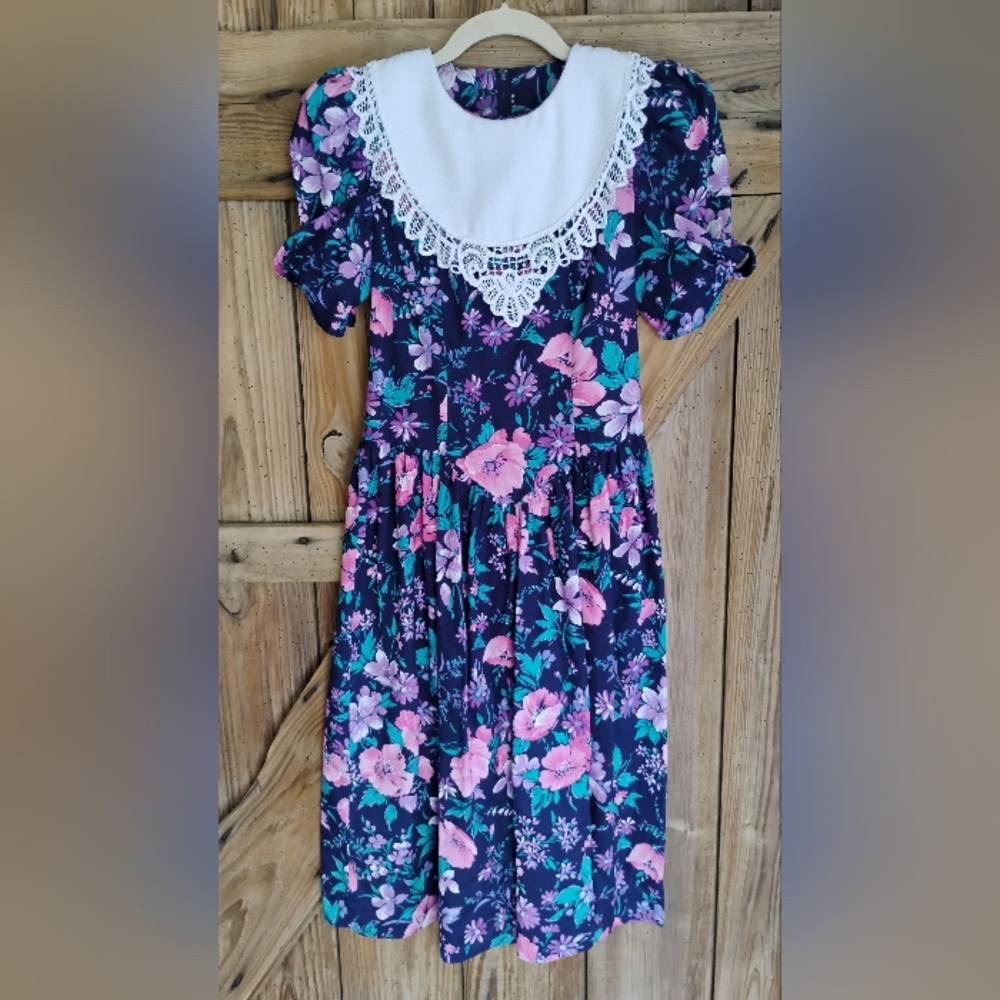 80's Floral Print Pleated Day Dress Puffy Sz 3 Bib Embroidered Collar H3